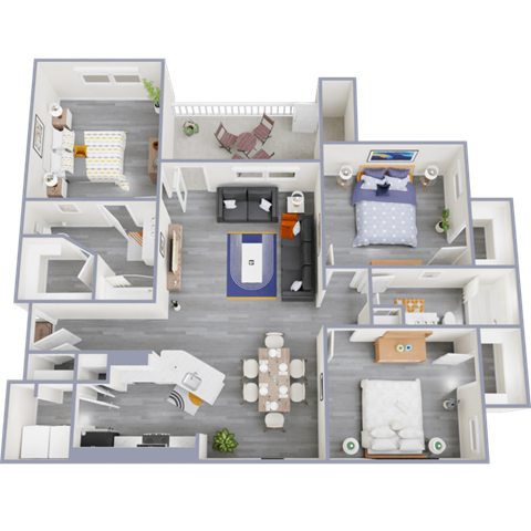 a 3d floor plan of a 3 bedroom apartment